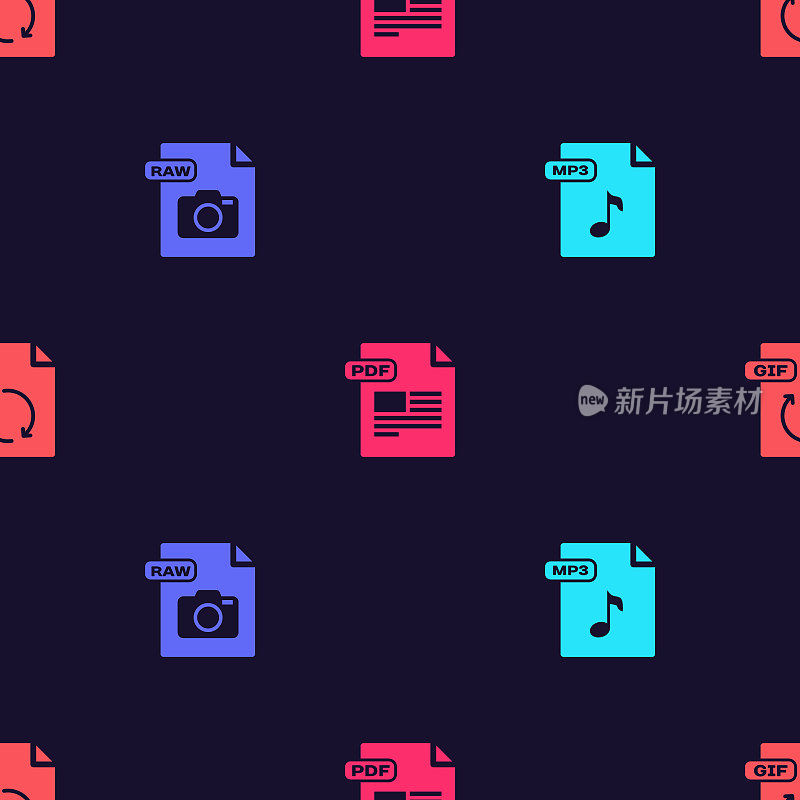 Set MP3 file document, RAW, PDF and GIF on seamless pattern. Vector